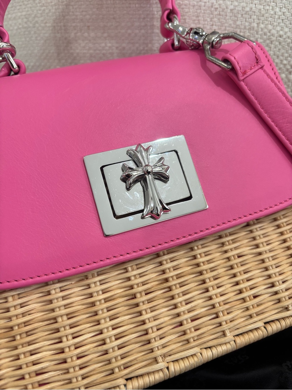 Authentic CHROME HEARTS pink leather woven wicker mini basket 2way bag - Picture 12 of 15